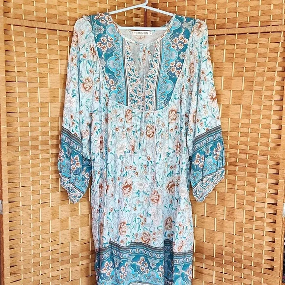 Temofon, Bohemian Teal, Blue, Brown, Floral  Fall, Spring Longsleeve Dress Sz XL - Picture 2 of 10